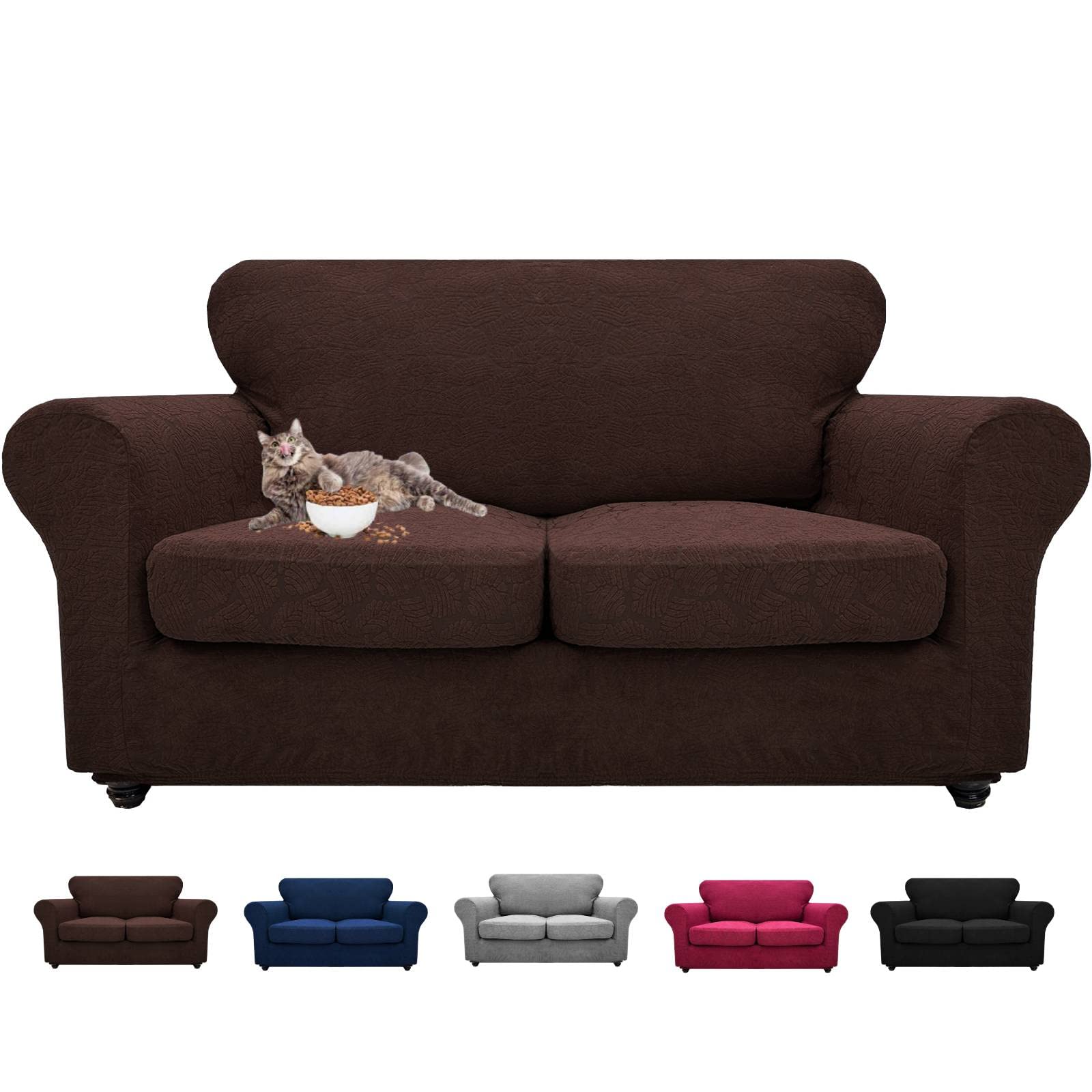 MAXIJIN 3 Pieces Stretch Couch Covers for 2 Cushion Couch Latest Leaf Pattern Loveseat Couch Cover with 2 Seat Cushion Dogs Pet Friendly Sofa Slipcovers Protector (Loveseat, Dark Coffee)