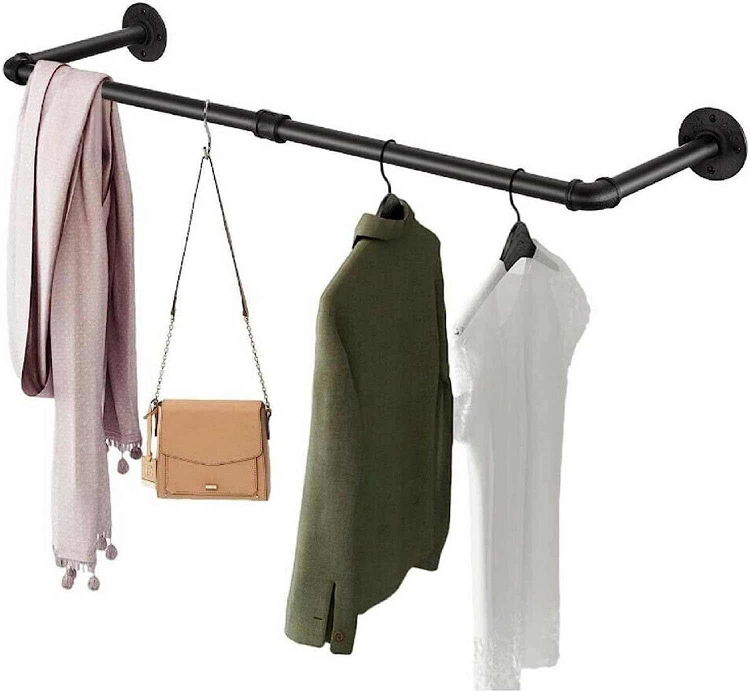 XJYMCOM Wall Mounted Clothes Rail 96cm Industrial Pipe Hanger Towel Rack Vintage Garment Bar Heavy Duty Wall Rail for Clothing Rod Hanging Display Holder for Bedroom Laundry Black