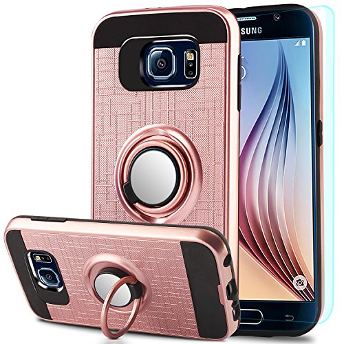 Galaxy S6 Case,Galaxy S6 Case with HD Screen Protector,Anoke Samsung S6 Cellphone 360 Degree Rotating Ring Holder Kickstand Scratch Resistant Drop Protective Cover for Galaxy S6 ZS Rose Gold