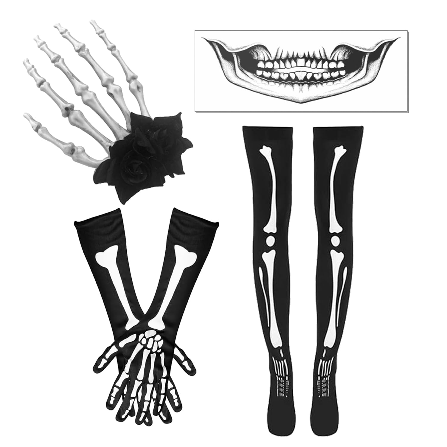 XINDY Skelett Kostüm Damen Gruselig Halloween Kostüm Accessoires, Halloween Haarschmuck Skelett Hände Knochen Haarspangen Handschuhe Kniestrümpfe Totenkopf Tattoo für Karneval Halloween Cosplay