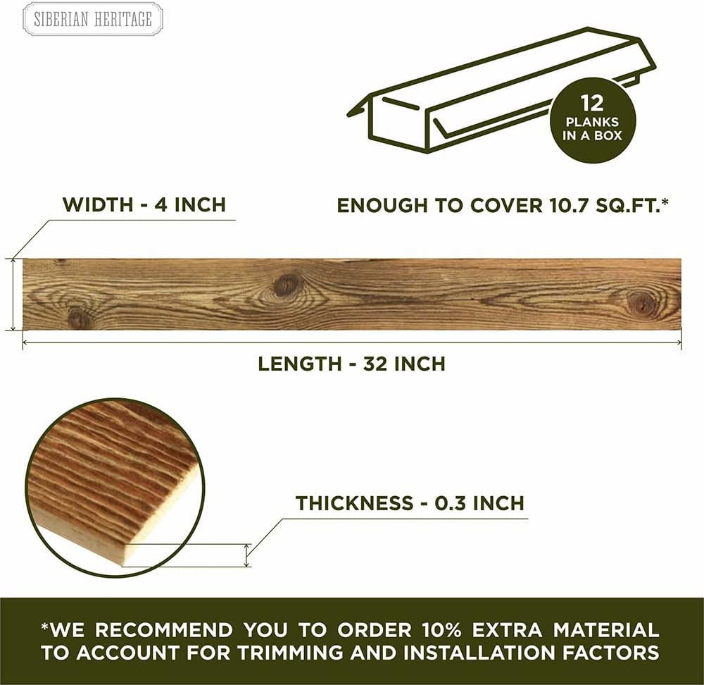 SIBERIAN HERITAGE Shiplap Boards for Wall | Reclaimed Wood Planks for Rustic Decor | Set of 12 Barnwood Planks (32 x 4 x 0.3 Inch) - 10.7 Sq Ft in 1 Box | Natural Brown - DIY (Nailed or Glued) 32"x4" / 10.7 sq.ft Brown