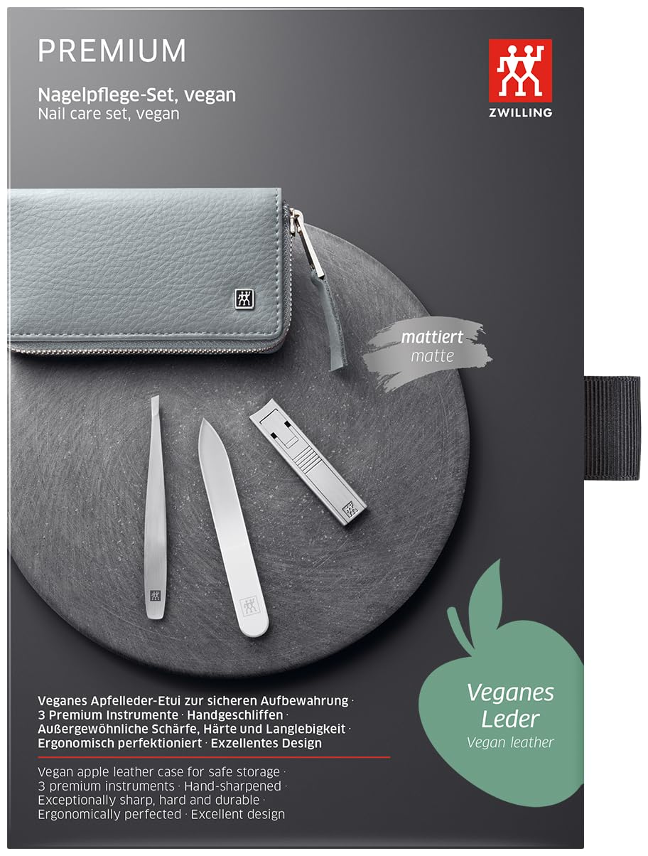 ZWILLING Maniküre- & Pediküre-Set 3-teilig im veganen Apfelleder-Etui, Reise-Nagelpflegeset inkl. Nagelknipser, rostfreier Edelstahl, Grau, Premium