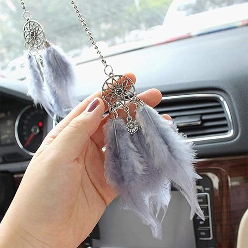 Miniatura 6 de Colgante de espejo retrovisor para automóvil, atrapasueños de plumas, dije de cristal, accesorios decorativos para automóvil para mujer (rosa)