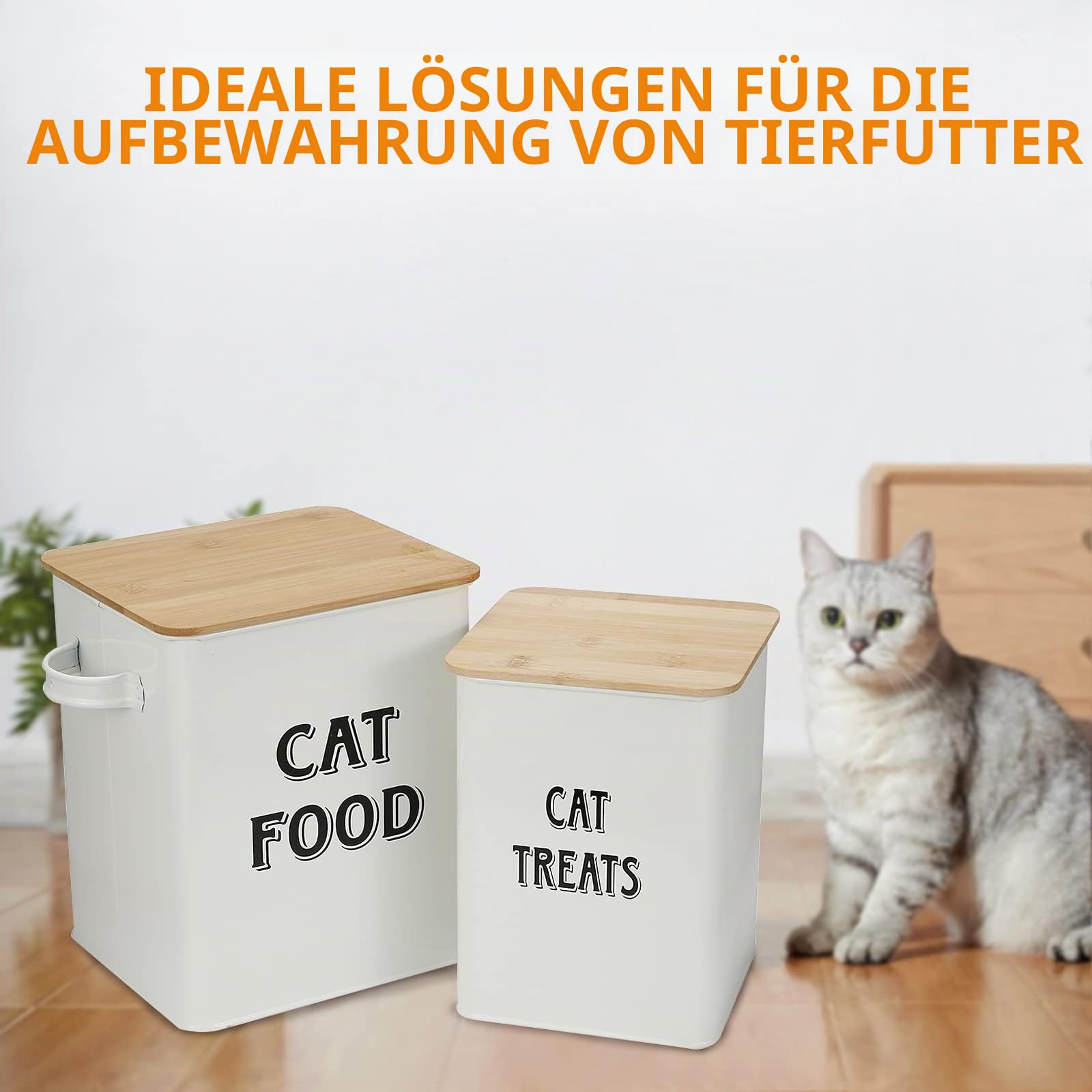 Morezi Tierfutterbehälter, Aufbewahrungstank für Katzenfutter, Futterbox mit Schaufel und luftdichtem Holzdeckel, Aufbewahrung von Lebensmitteln und organisations-weiß