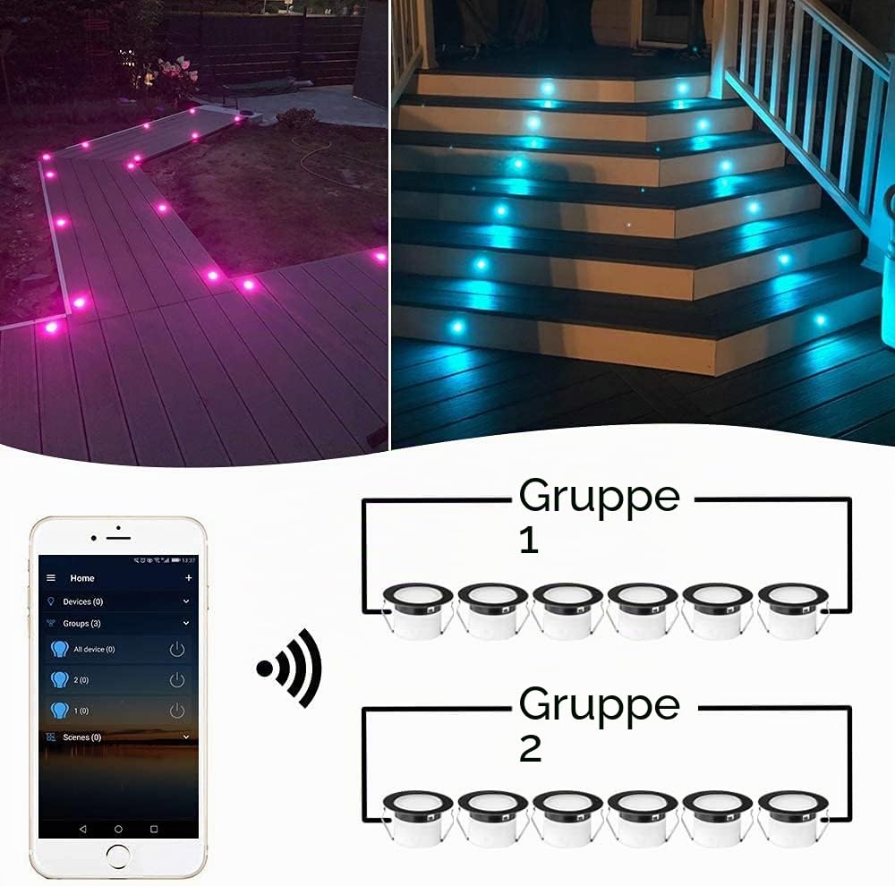 bodeneinbaustrahler aussen rgbw, wifi Led einbaustrahler außen 12v mini Led spot Light Terrassenbeleuchtung, Wasserdicht IP67, LED einbauleuchten mit Fernbedienung Kompatibel mit Alexa Google Home