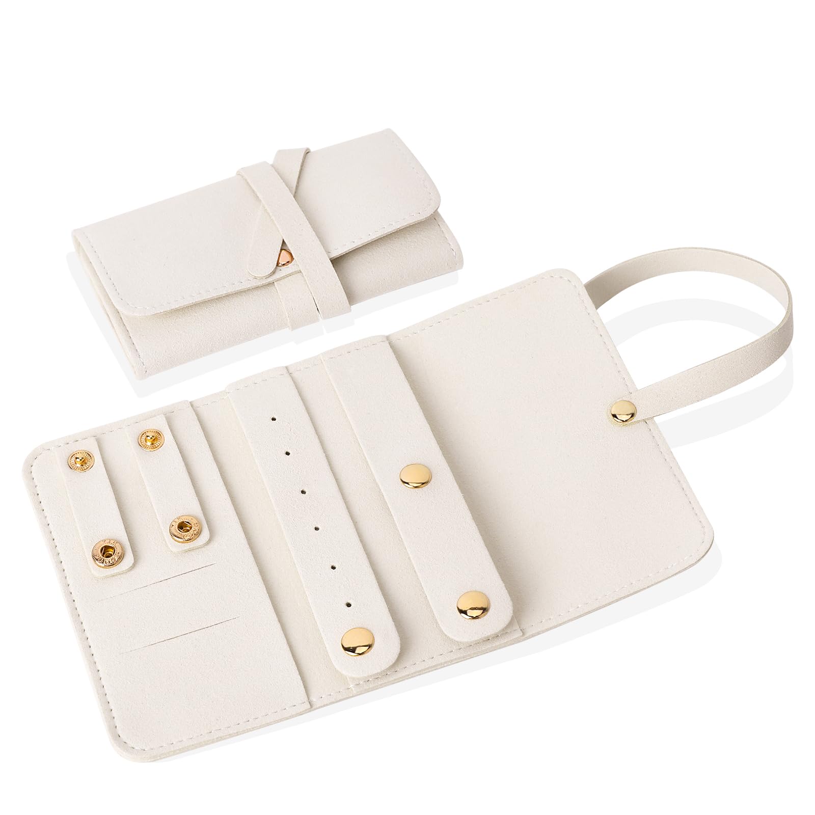 Organizador de joyas pequeño beige: estuche de viaje plegable mini para anillos y collares