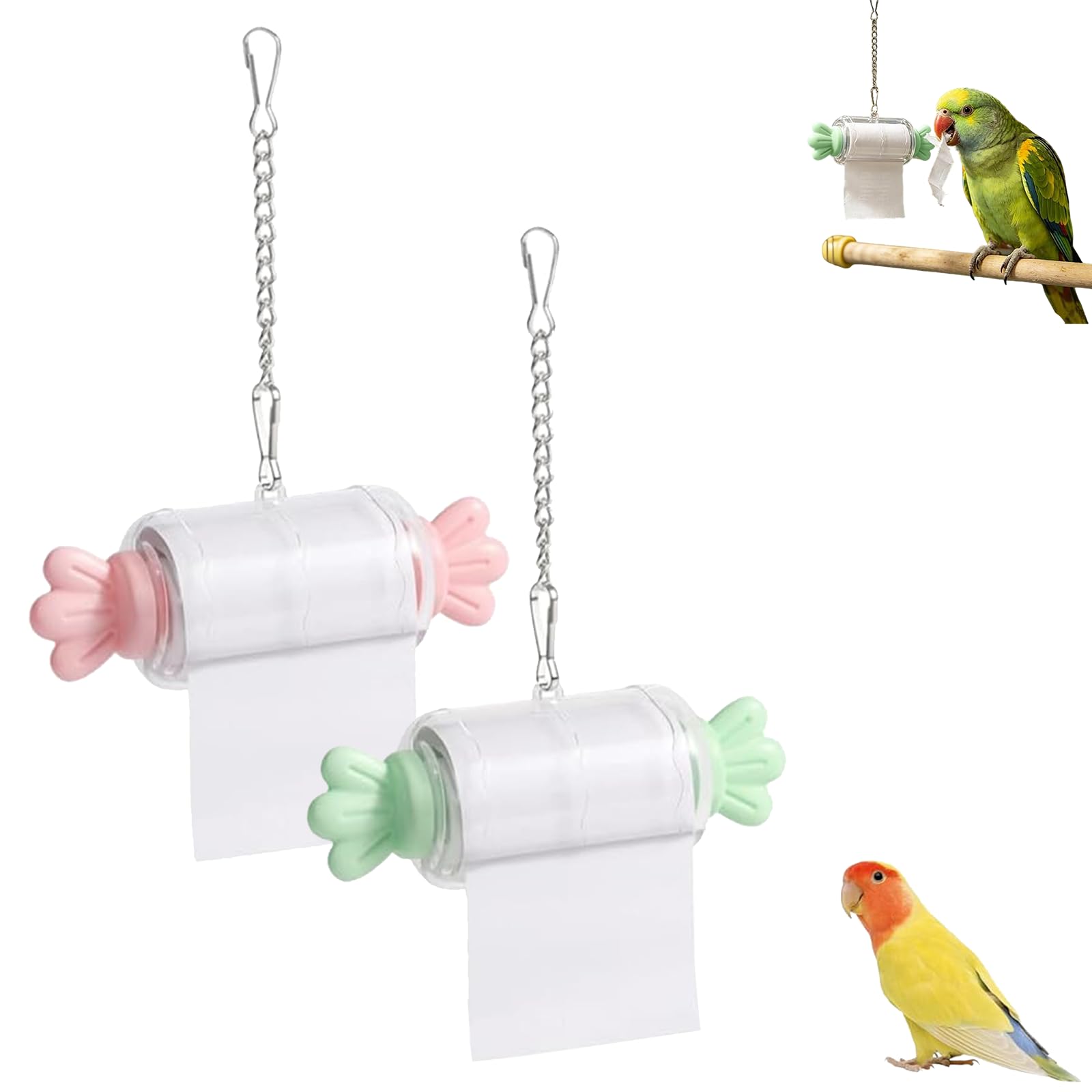 Candy-Shaped Bird Shredding Toys,Parrot Rolling Paper Play Toy with Hanging Chain,Interactive Parrot Chewing Shredding Toy Candy Design for Parakeet Cockatiel Conure,Gift for Bird Lovers (Pink+Green)