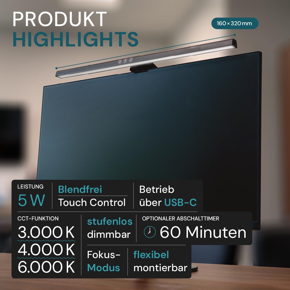 LUXULA 2er Set Monitor Lampe dimmbar mit Touch Control, LED Lichtleiste 50cm für Computer, USB Bildschirmlampe, PC Bürolampe, Schreibtischlampe Home Office - schwarz