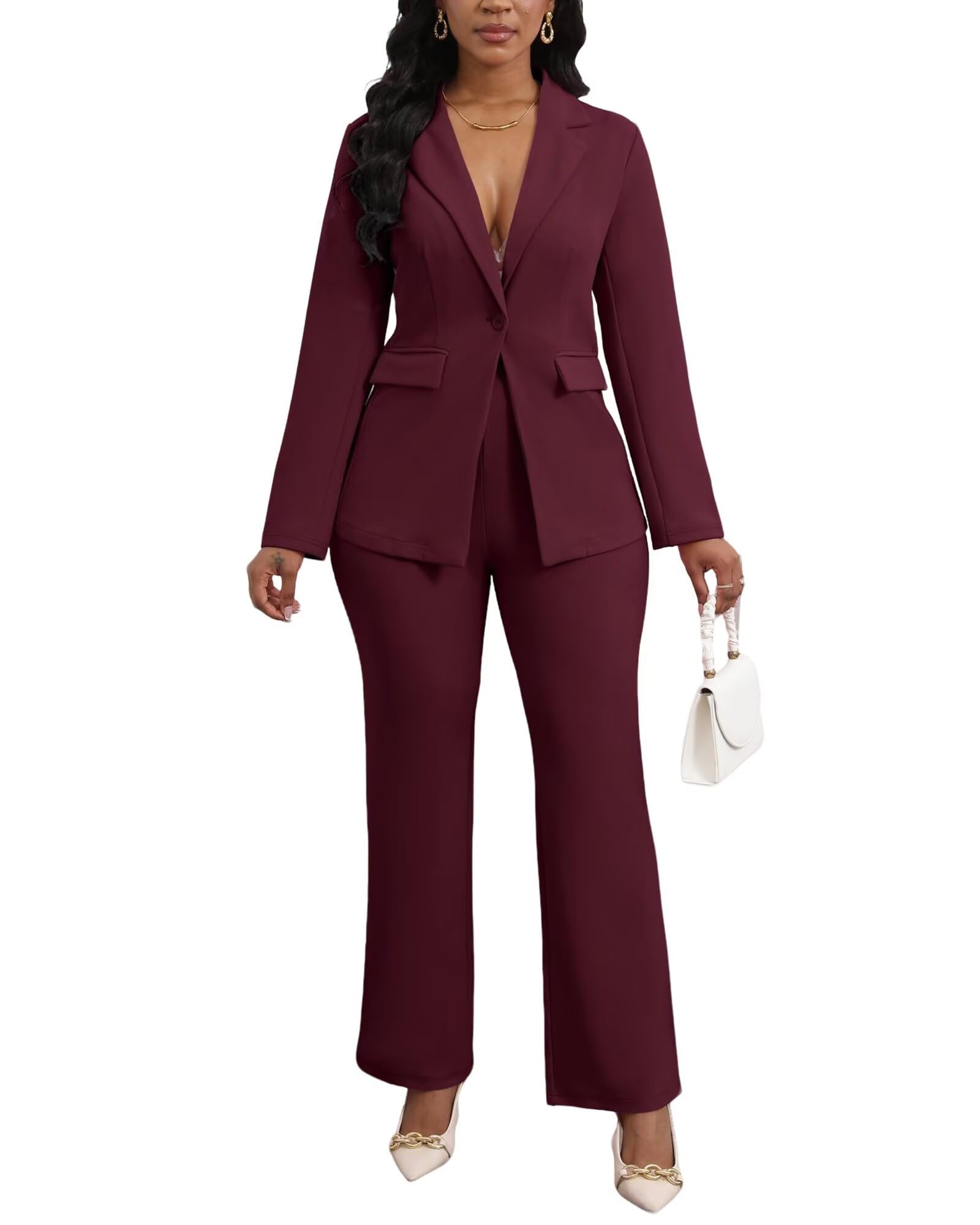 Womens 2 Piece Pant Suits Dressy Blazer Jacket Flare Pants Set Casual Business Suiting Formal Work Office Outfits