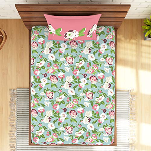 Image of Spaces Atrium Plus 210 TC 100% Cotton Single Bedsheet with 1 Pillow Cover (Ornate, 60 inch X 88 inch Inches) - Light Blue