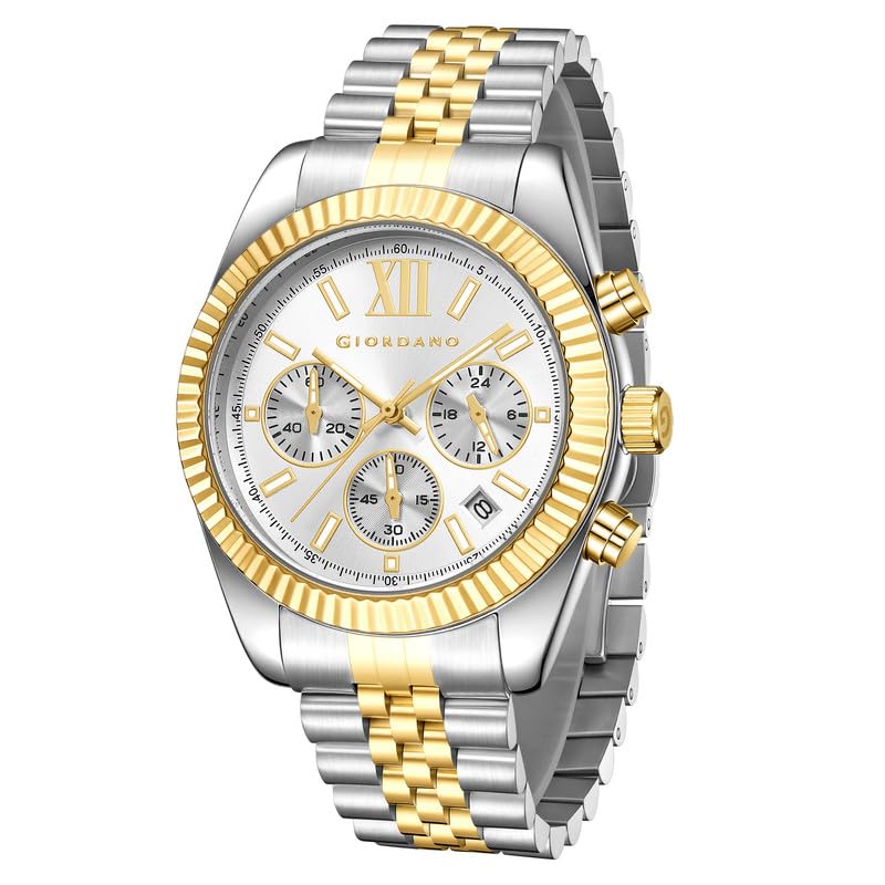 Image of Giordano Chronograph Watch for Men with Round Sunray Dial, Quartz Movement, Three Sub-Dials, Date Display, Roman Numeral Marker, Stainless Steel Strap - GZ-50217