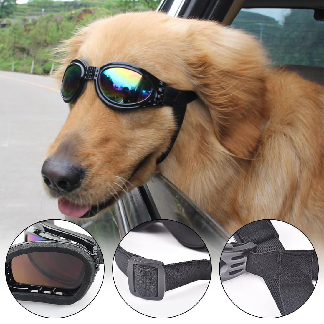 Occhiali Per cani, Occhiali da Sole Cani con Cinturini Regolabili, Accessori Cani Domestici Occhiali, Occhiali da Sole Cani， Protezione UV, Occhiali da Sole e Protettivi per Cani