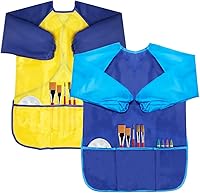 Vista 16 de Paquete de 4 delantales de pintura artística para niños con manga larga y 3 bolsillos para niños de 3 a 8 años, Azul y Amarillo