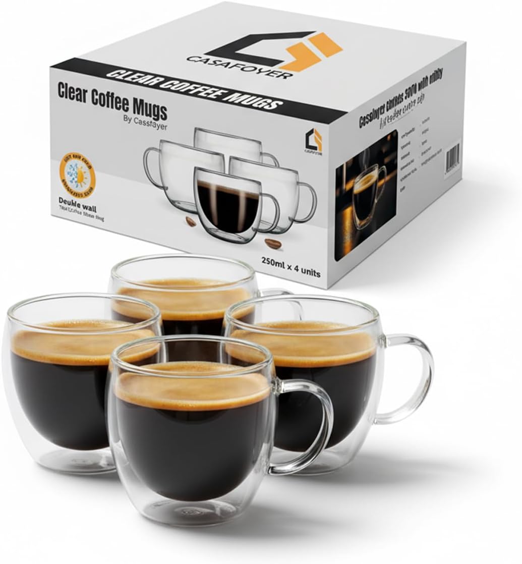 Double Walled Coffee Cups Glasses Mugs 9oz Set of 4 | Heat Resistant Borosilicate Clear Glass Espresso Latte Cappuccino Tea Cups with Handle | Insulated Glass Coffee Mugs Ideal for Gifting
