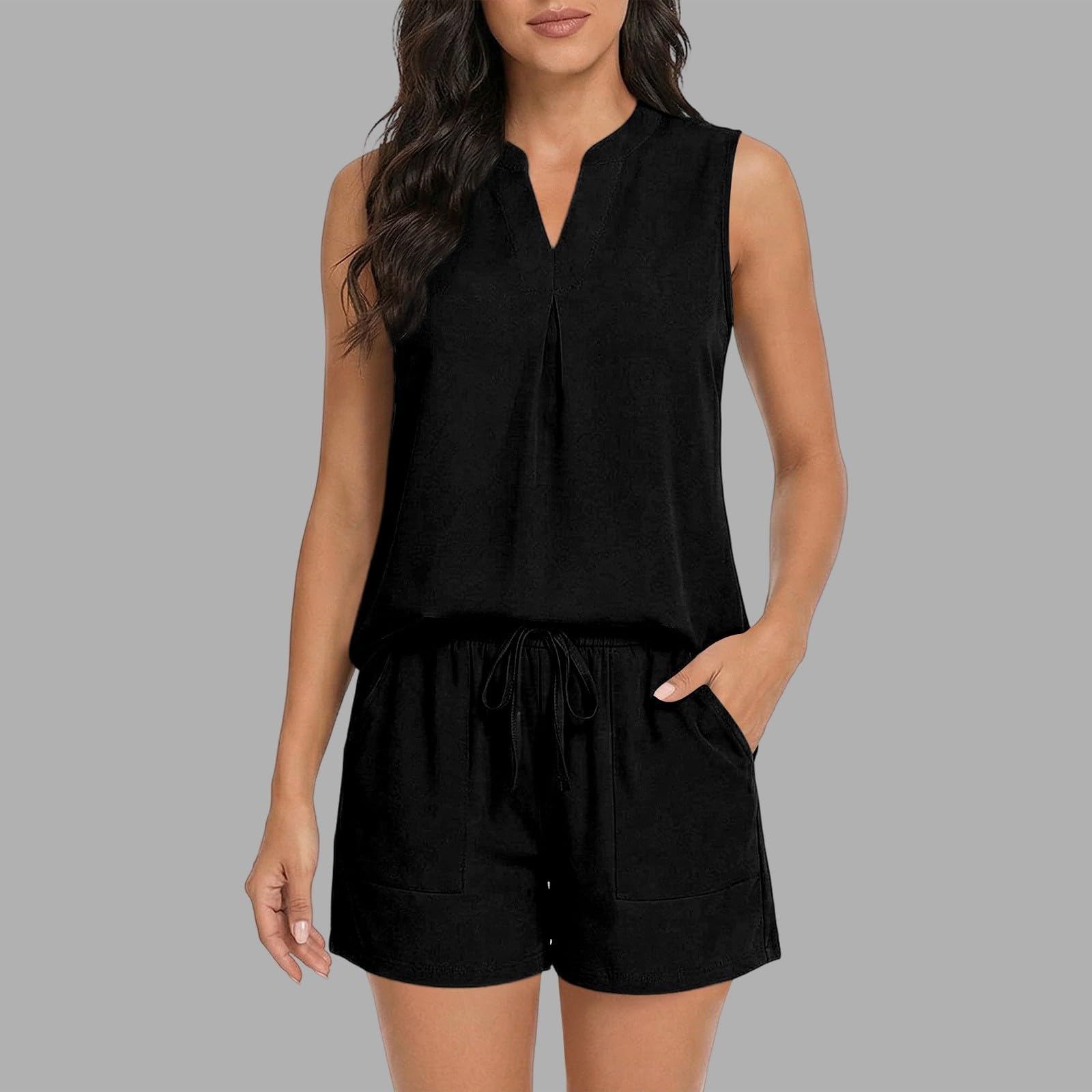 Generisch Tuta da donna per il tempo libero, 2 pezzi, corta, per le vacanze, per l'estate, comoda, da spiaggia, leggera, sportiva, alla moda, classica, da jogging, con canotta e pantaloncini