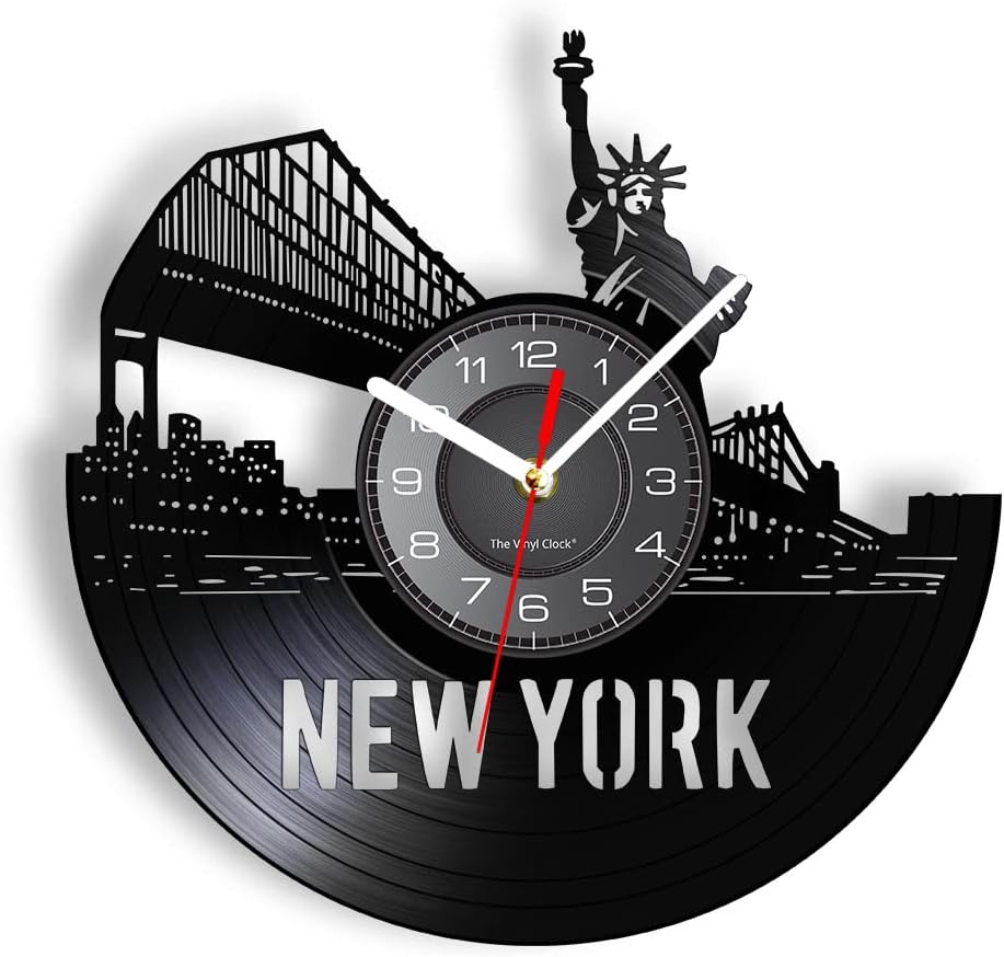12 Inches New York Skyline Vinyl Record Wall Clock Battery Operated Silent Non-Ticking, USA Cityscape Wall Decor Hanging Wall Clock Watch Brooklyn Bridge Manhattan NYC for Living Room Decor