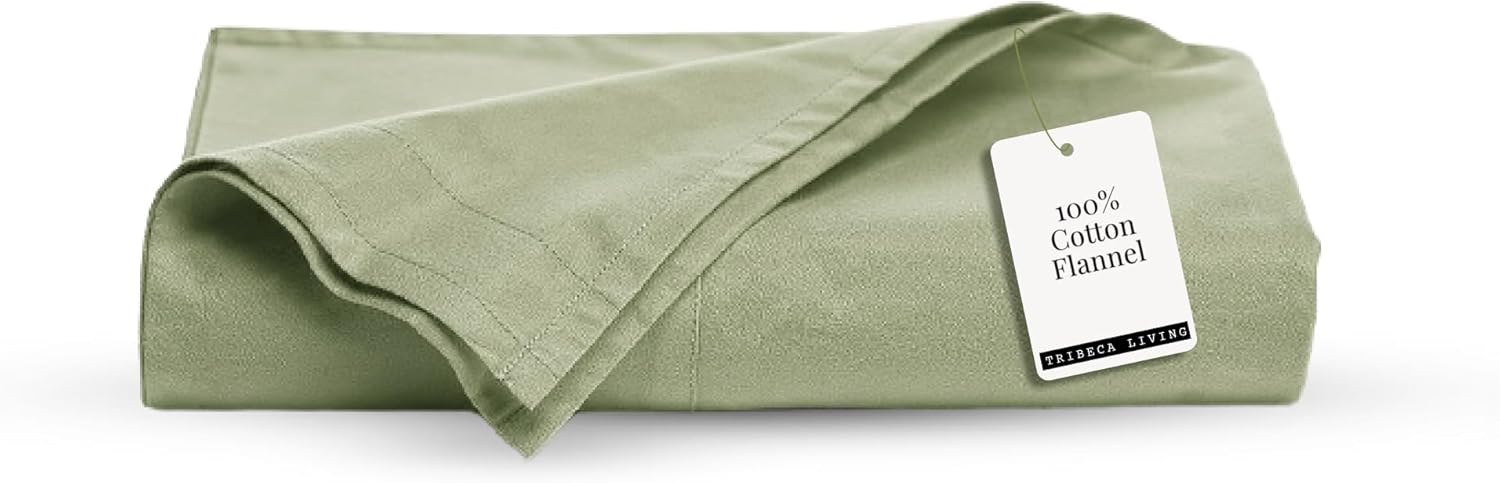 Tribeca Living King Cotton Flannel Flat Sheet Only 170-GSM - Oversized 112 x 106 Inch Dimensions for Generous Bed Coverage - Soft Breathable Bedding in Green
