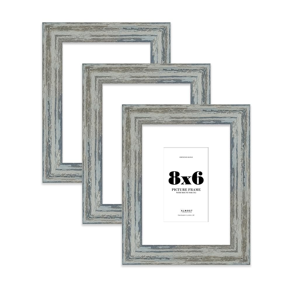 8x6" Distressed Blue Picture Frame with 5x3" Mount - Reclaimed Wood Style Photo Frame with Distressed Finish, Wall Hooks and Kickstand, 32mm Edge - 3 Pack