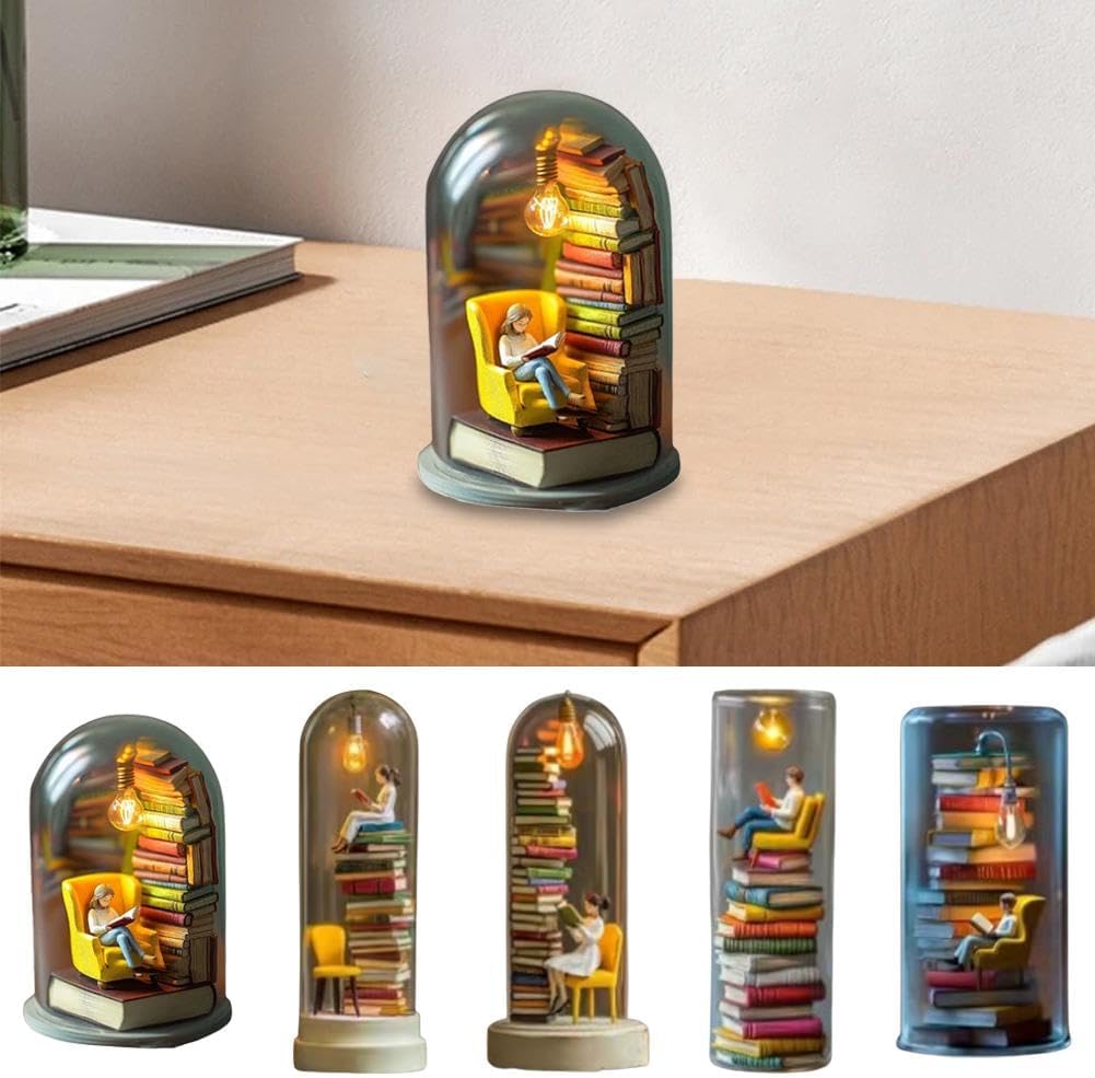 Reader Night Light, Tiny Bookshelf Library Statue Light for Desktop Decoration Lamp, Your Late-Night Reading Lamp, Cute Dome Decor Gifts for Book Lovers & Bedroom Ambience