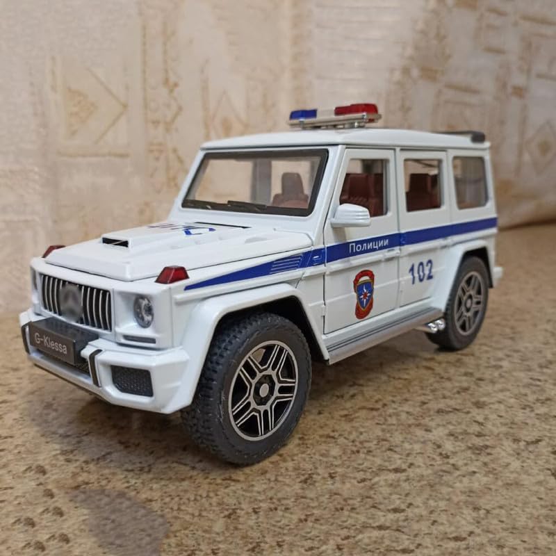 Image of PINQUE Kids New Car 1:32 G Wagon Police Diecast Alloy Metal Pull Back Car with Openable Doors Music Sound and Light Vehicle Toy Car for Boys (White)