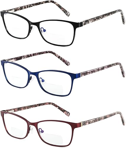 Gafas de lectura bifocales para mujer, bloqueo de luz azul con parte superior transparente, lector de computadora, marco de metal ancho, elegantes