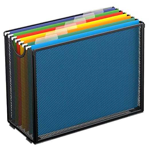 Sinboun Hanging File Organizer Letter-Size File Holder Filing Box Includes 7 Hanging Folders - Metal Mesh Magazine Book Letter Storage Cabinets File Cart for Office Home School, Easy Installation
