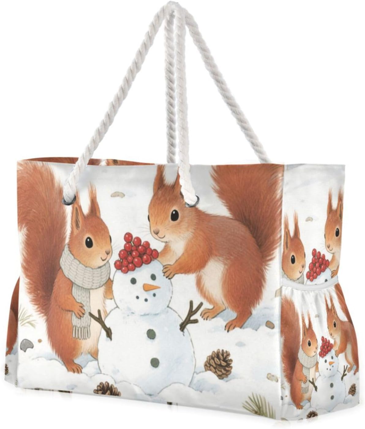 OTVEE Squirrels with Snowman Pattern Beach Bags for Women Ladies Large Canvas Tote Shoulder Bag Waterproof Travel Bags for Gym Swim Pool Camping