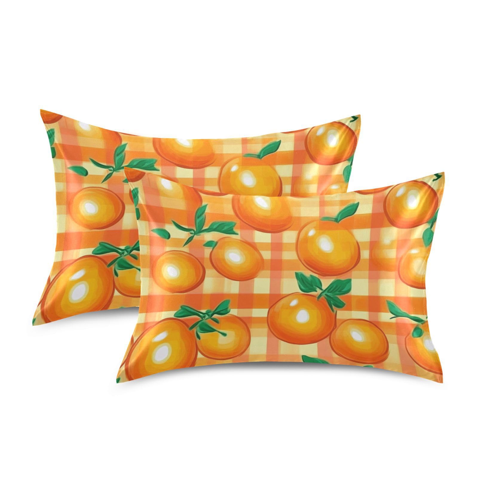 Satin Pillowcase 1 Pack Pillow Case with Envelope Closure Standard Size Pillow Cover 26 x 20 Inch Soft Breathable Cartoon Orange Plaid