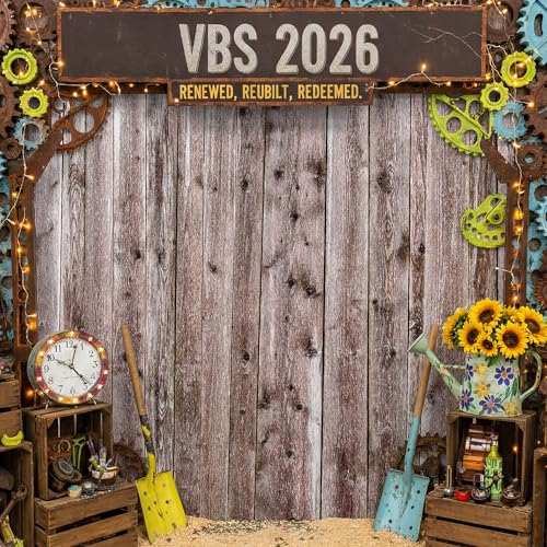 Tingjoo 16 x 8.5 ft 2026 VBS Decoration Junkyard Backdrop Weathered Wood Backdrop Rustic VBS Vacation Bible Photography Background Plastic for Church Stage School Supplies