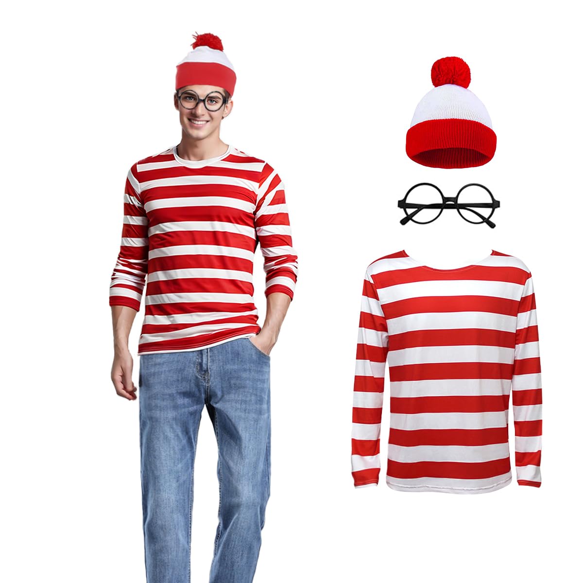 Unpifolov Red and White Striped Tee Shirt Suits Funny Halloween Cosplay Costume Adult Sweatshirt Outfit Hat Glasses Sets