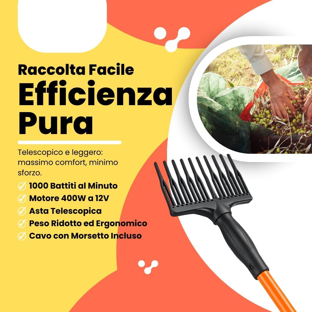 GrecoShop Abbacchiatore Scuotiolive Elettrico Telescopico 12V 400W+Cavo e Morsetti, Fino a 1000 battiti/min, Leggero Ergonomico, Asta allungabile rende Macchina 3mt, Raccolta Olive rapida senza fatica