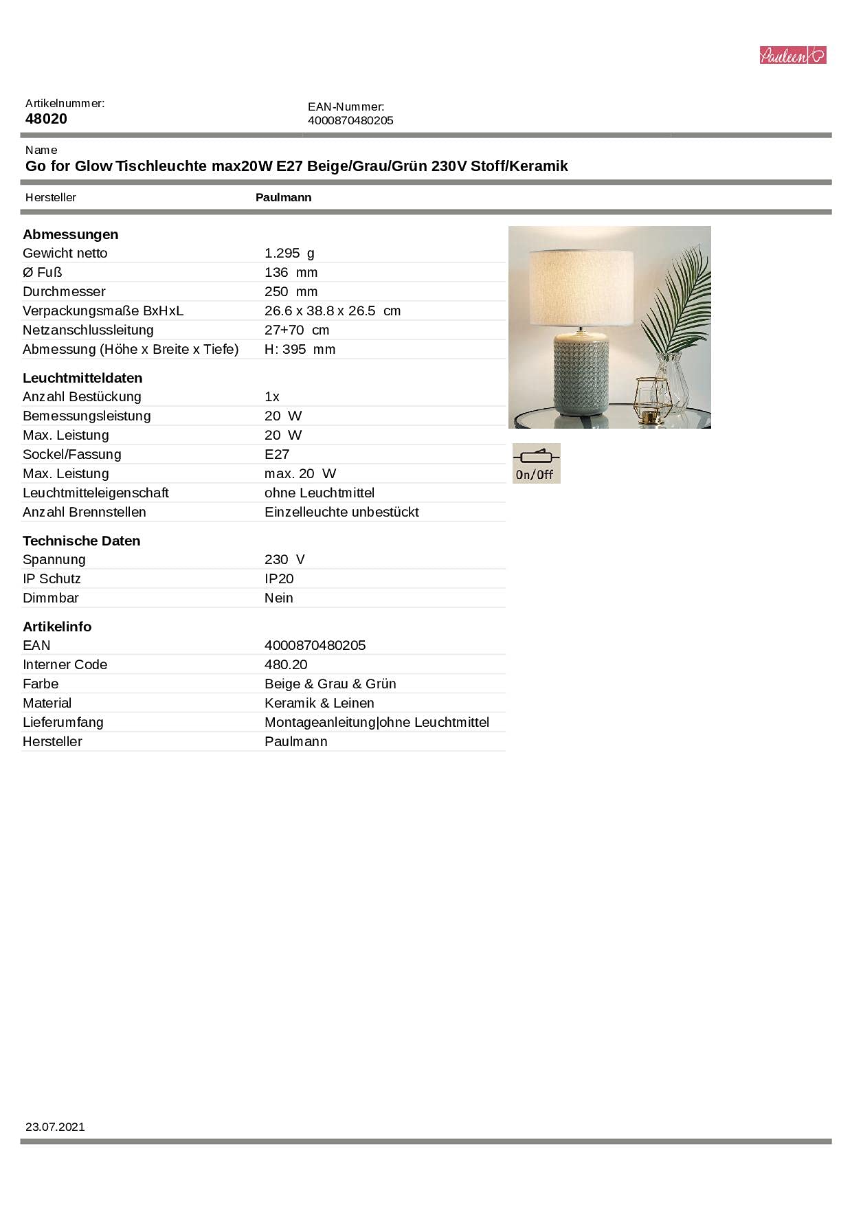 Pauleen 48020 Go for Glow Tischleuchte max. 20W Tischlampe für E27 Lampen Nachttischlampe Beige, Grau, Grün 230V Keramik/Stoff ohne Leuchtmittel