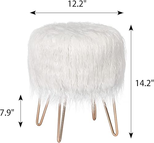 Miniatura 2 de Adeco Taburete otomano redondo de piel sintética con patas de metal, reposapiés suave y peludo, asiento acolchado, muebles decorativos tapizados