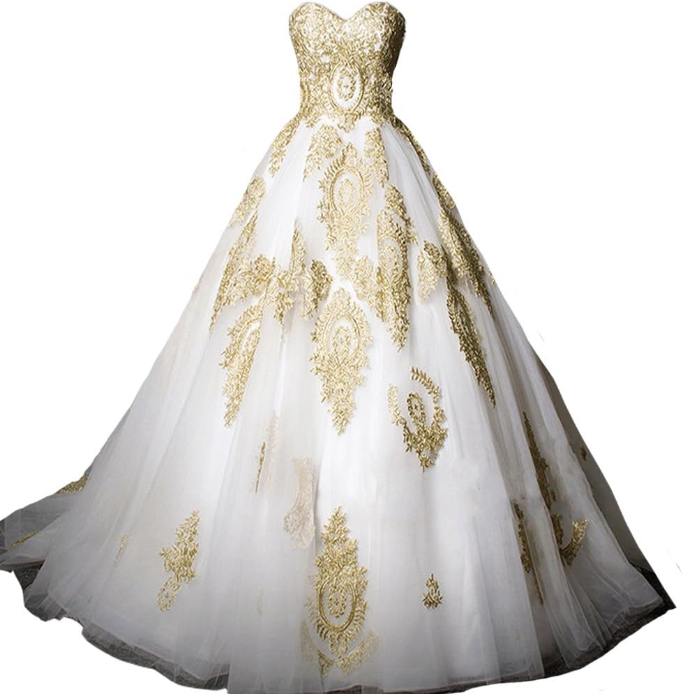 Kivary® Sweetheart Gold Lace A Line Tulle Corset Long Prom Formal Wedding Dresses