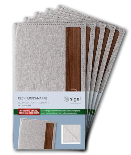 SIGEL RM221/5 Rechnungsmappe Thank you, 5er Pack, strapazierfähiger und wasserabweisender Einband,hellgrau/braun mit Leinenstruktur, Kunststoff und Walnussholz