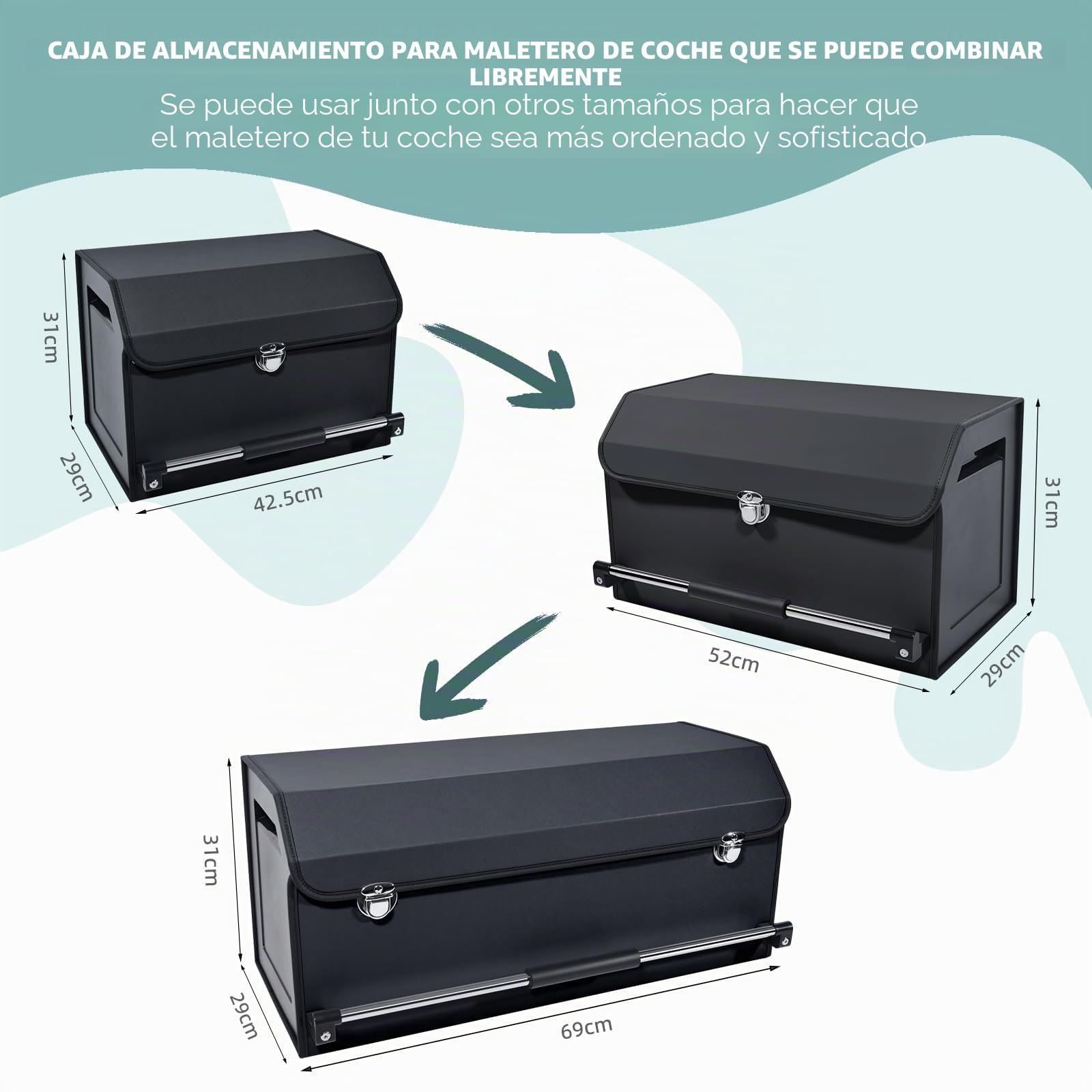 Organizador de Maletero de Gran Capacidad 60L para Coches y SUVs - Caja de Almacenamiento con Tapa, Asa Robusta y Base Antideslizante - Compartimento Extraíble(Negro, 69x29x31cm)