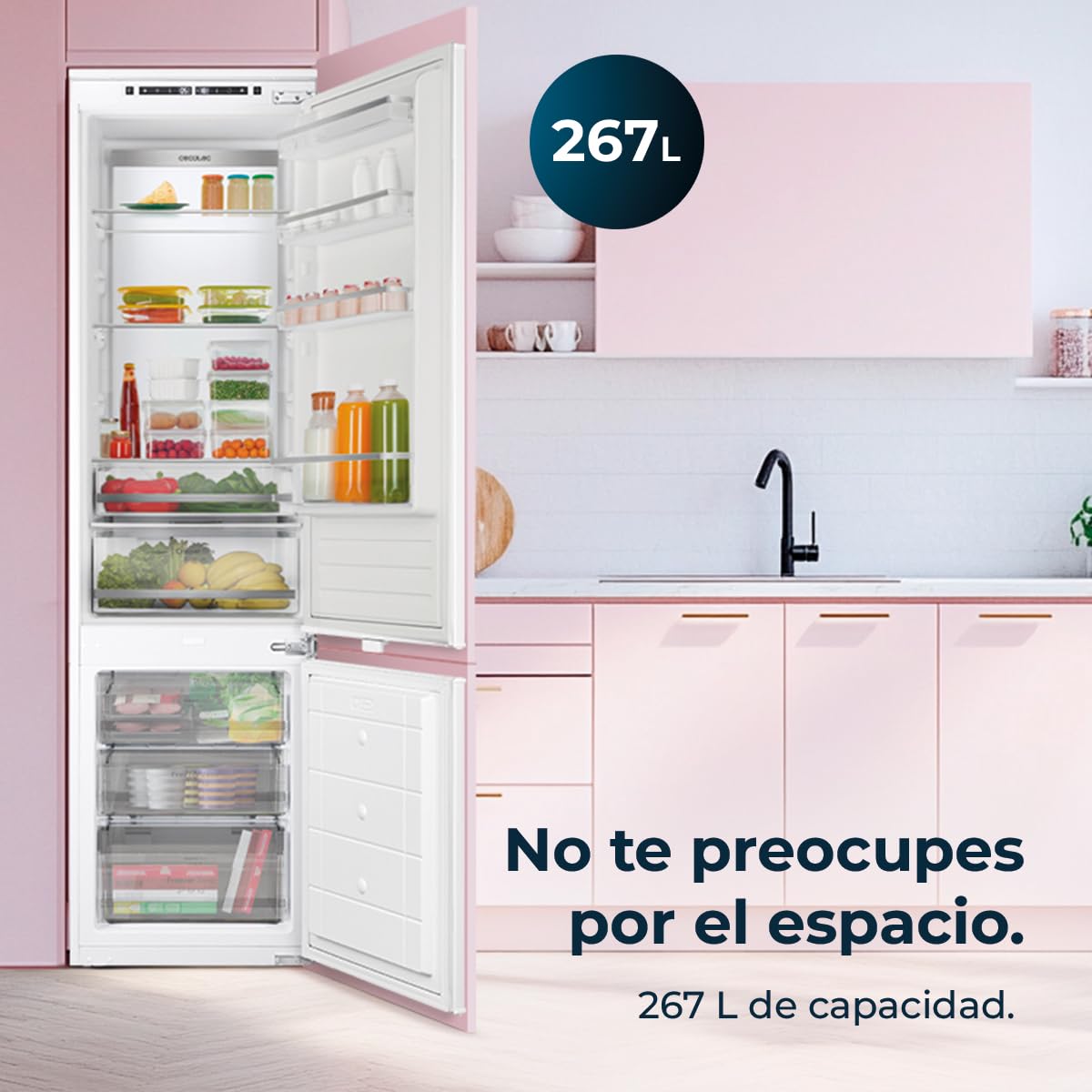 Cecotec Lodówka kombi do zabudowy, na stałe drzwi, 267 l, Bolero CoolMarket Combi BI-D FLW 267 E, wysokość 193,7 cm i szerokość 54 cm, Total No Frost, kompresor inwerterowy i ściana Full LED, niskie