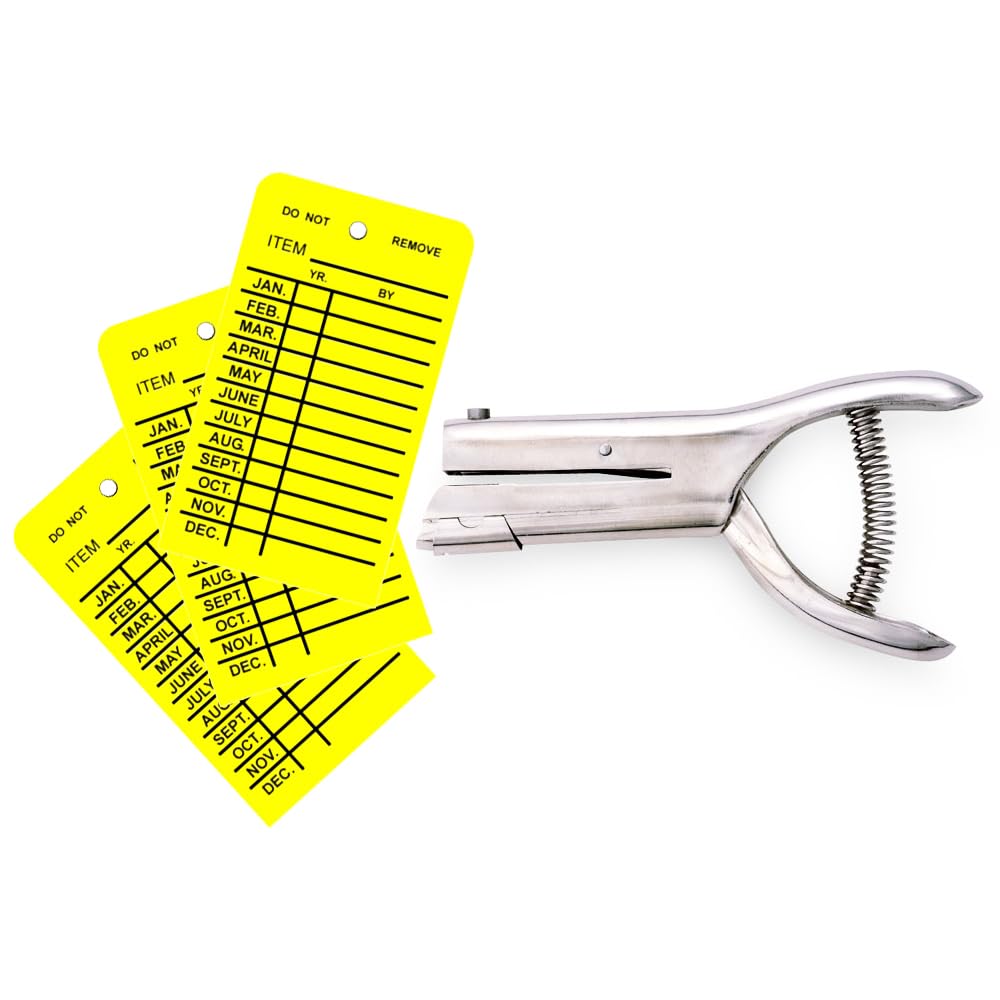 NationalFireSafetyEquipment LLC 100 Pieces One Year Plastic Fire Extinguisher Inspection Tags with A Heavy Duty Hole Punch, Yellow-silver