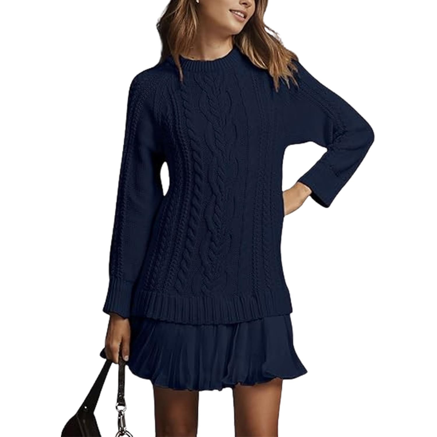 Vestido Mini de Punto Trenzado con Cuello Redondo para Mujer, Vestido de Punto Trenzado con Manga Larga, Color Liso, Traje Casual de Otoño
