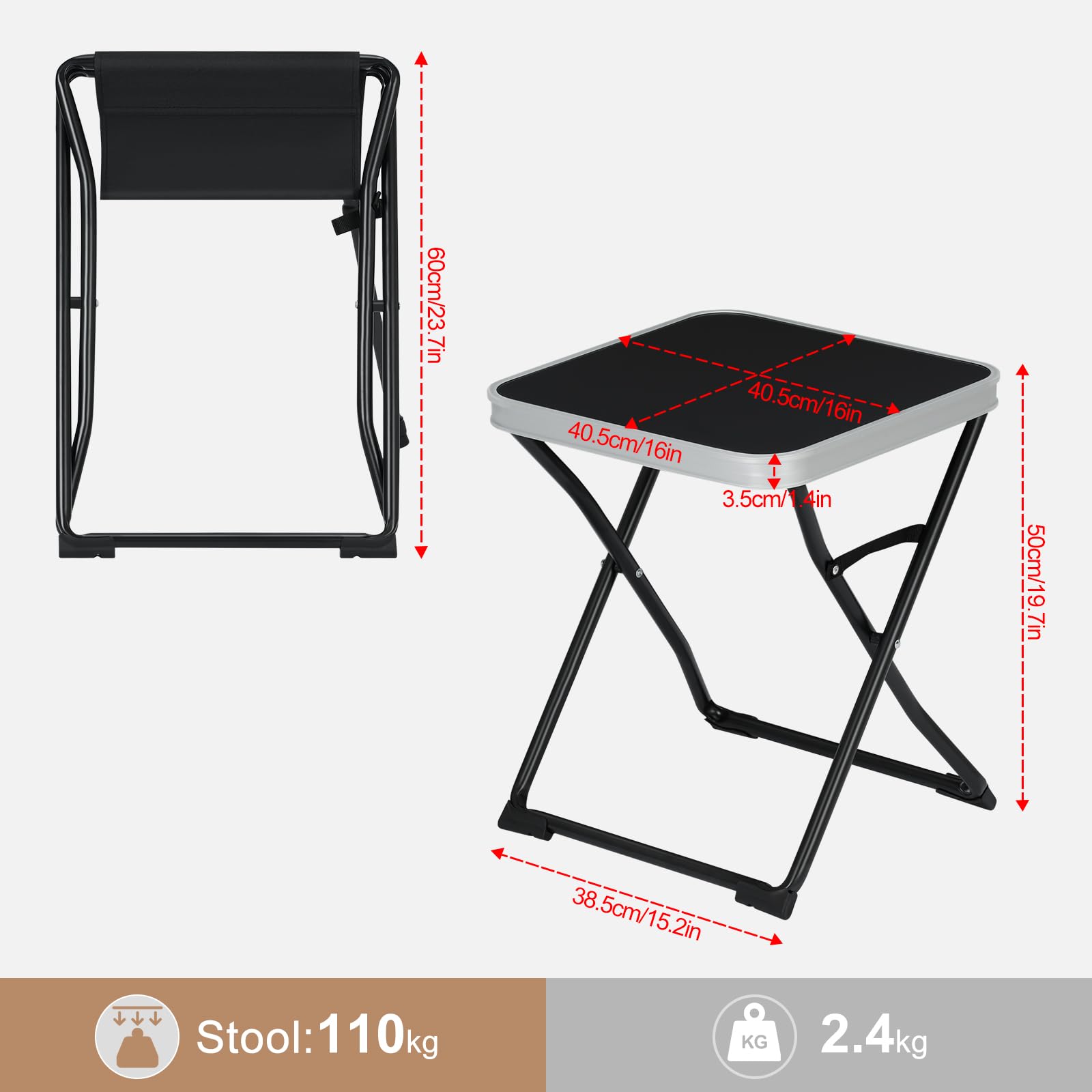 eSituro Table Pliante 2 en 1 d'Appoint avec Plateau Amovible, Tabouret Portable pour Camping Extérieur, 40,5x40,5x50cm, Noir