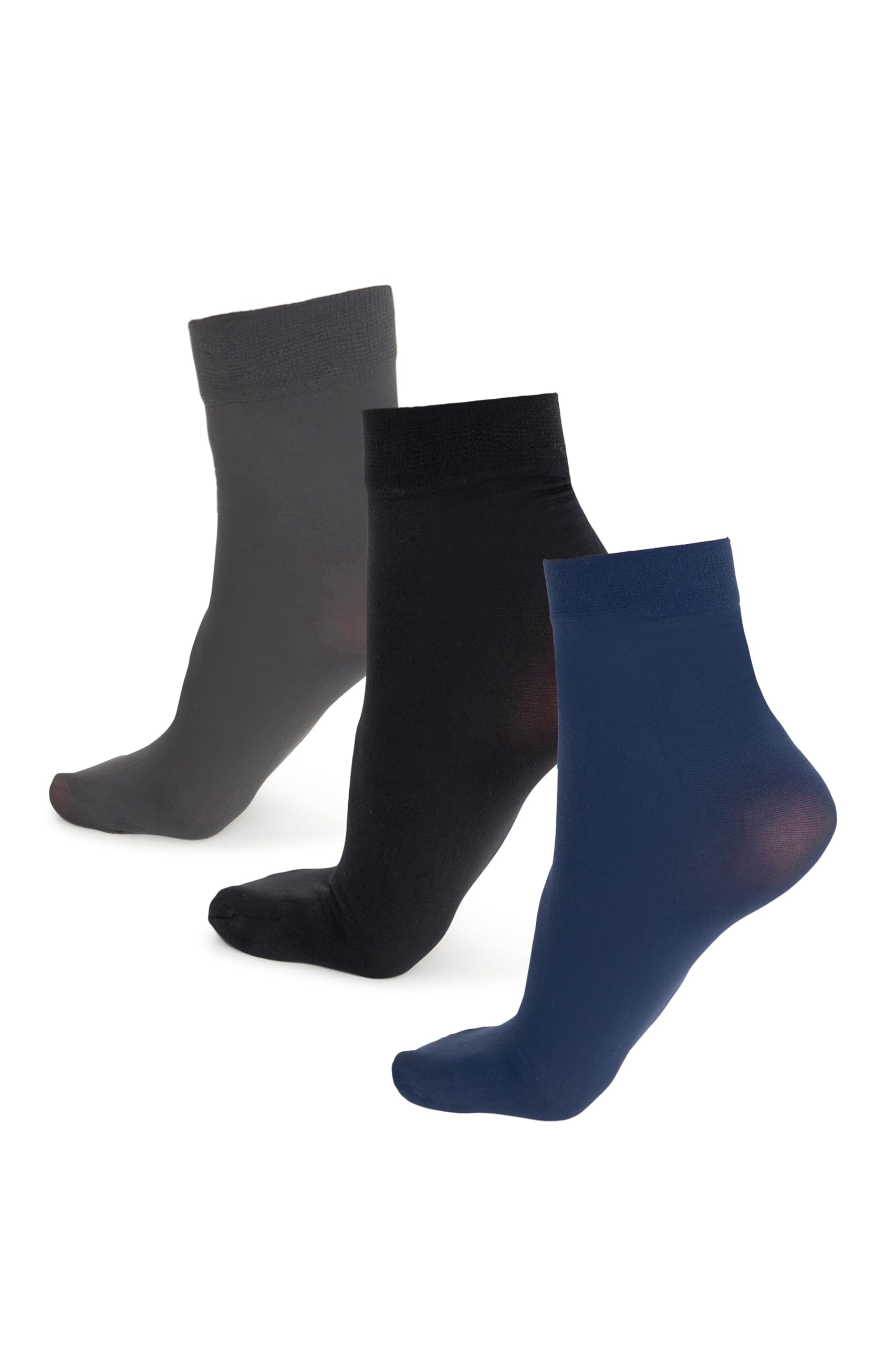 NOQ 3-Pack Women Socks Above Ankle Plain 40 DEN Opaque Microfiber Matte Classic with Comfort Top One Size Casual Office Ladies Socks Mira, Nero/Graphite/Blue Marino