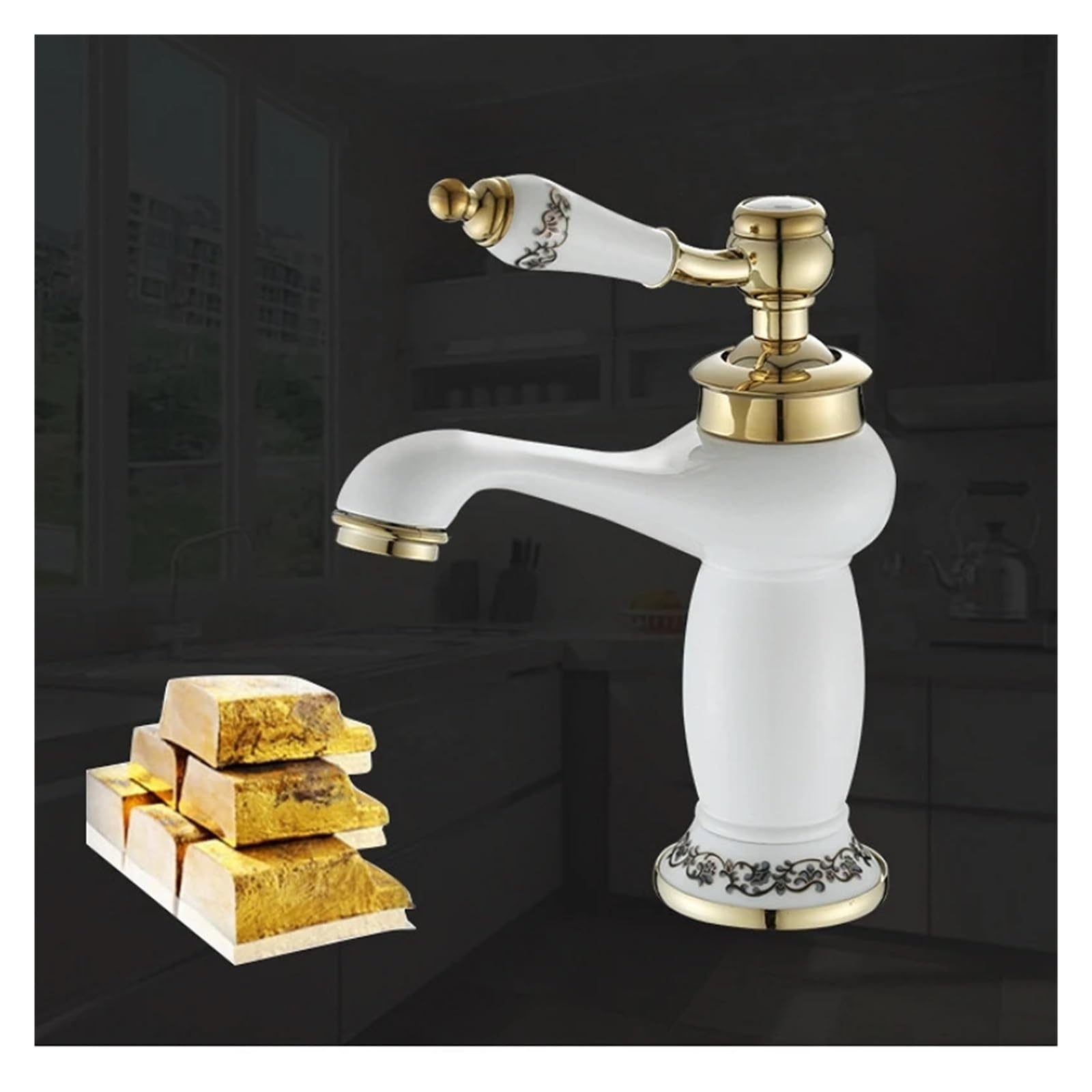Rubinetto per lavabo da Bagno in Ottone con Maniglia in Ceramica Bianca, Miscelatore Singolo per Acqua Calda e Fredda, Moderno ed Elegante.