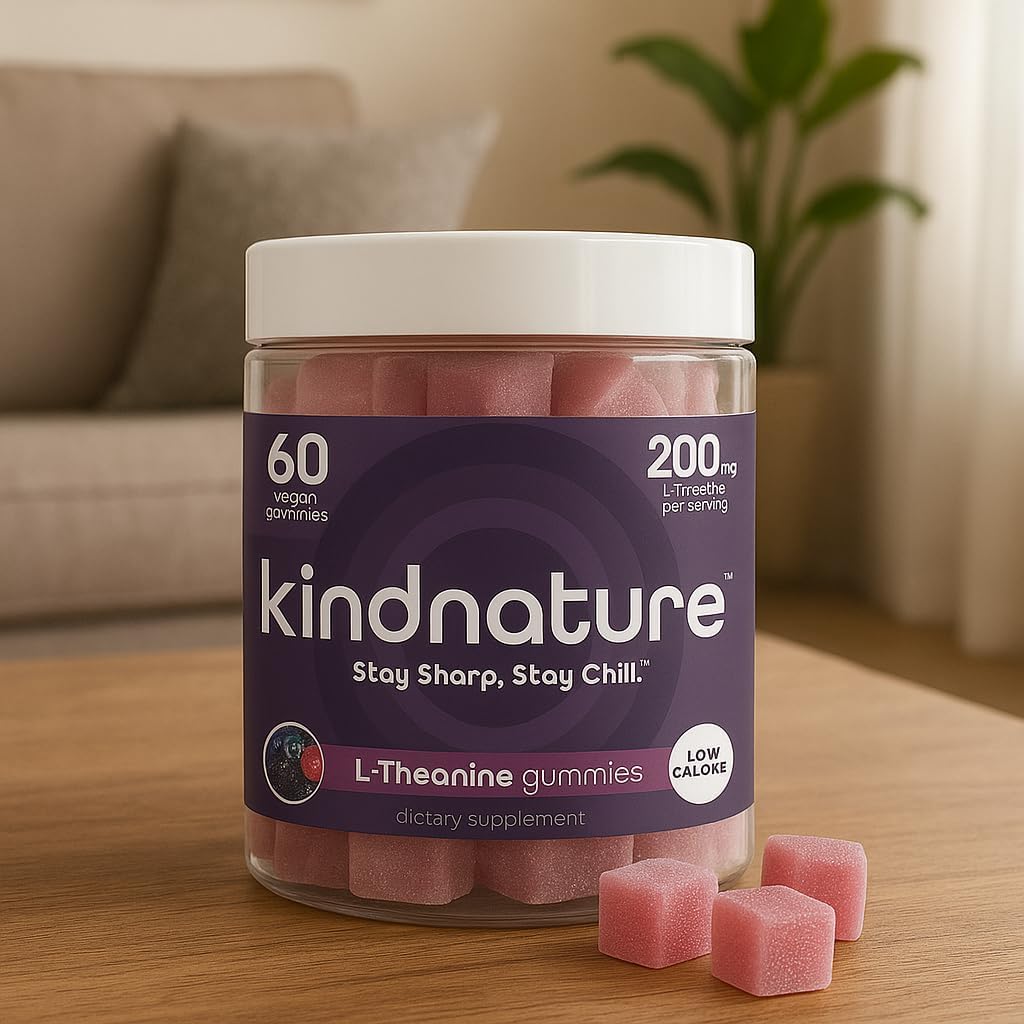kindnature L-Theanine Gummies 200mg – Calm & Focus Supplement for Adults & Kids Ages 4+ – Stress Support, Mental Clarity & Non-Drowsy Relaxation – Vegan, Mixed Berry, Non-GMO