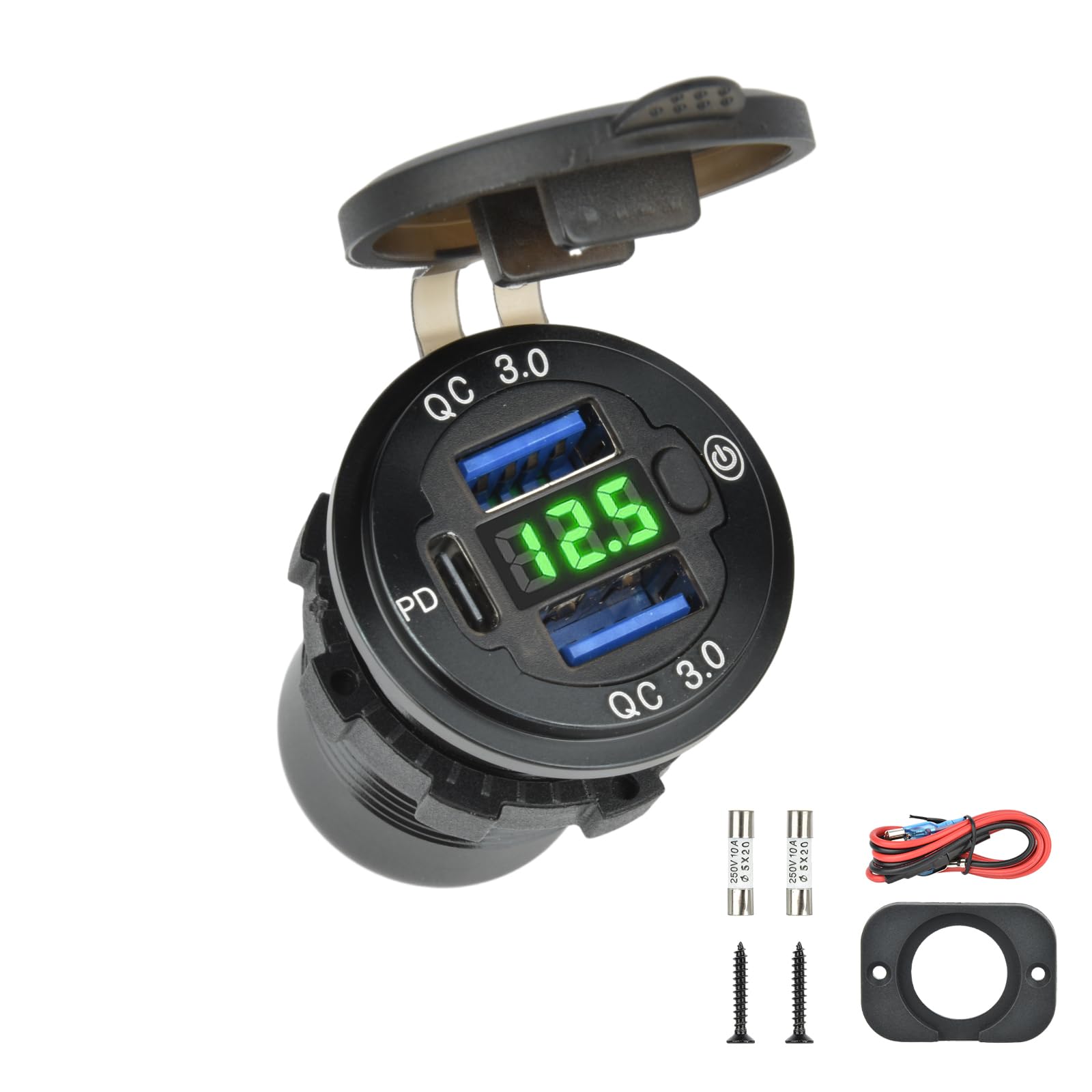 Vothen QC 3.0 Presa USB per Auto Doppio in Alluminio, 12V/24V Adattatore Impermeabile con Interruttore On/Off Voltmetro LED per Veicoli Auto Barca Moto SUV Camion