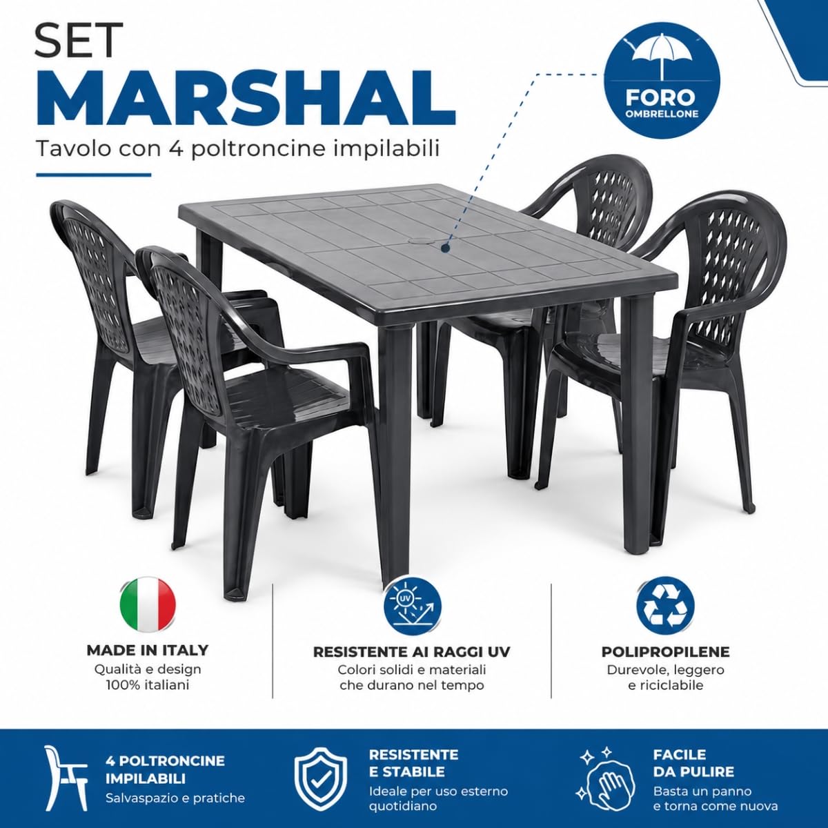 Tomaino Marshall Tavolo e Sedie da Giardino in Plastica 4 Posti ANTRACITE