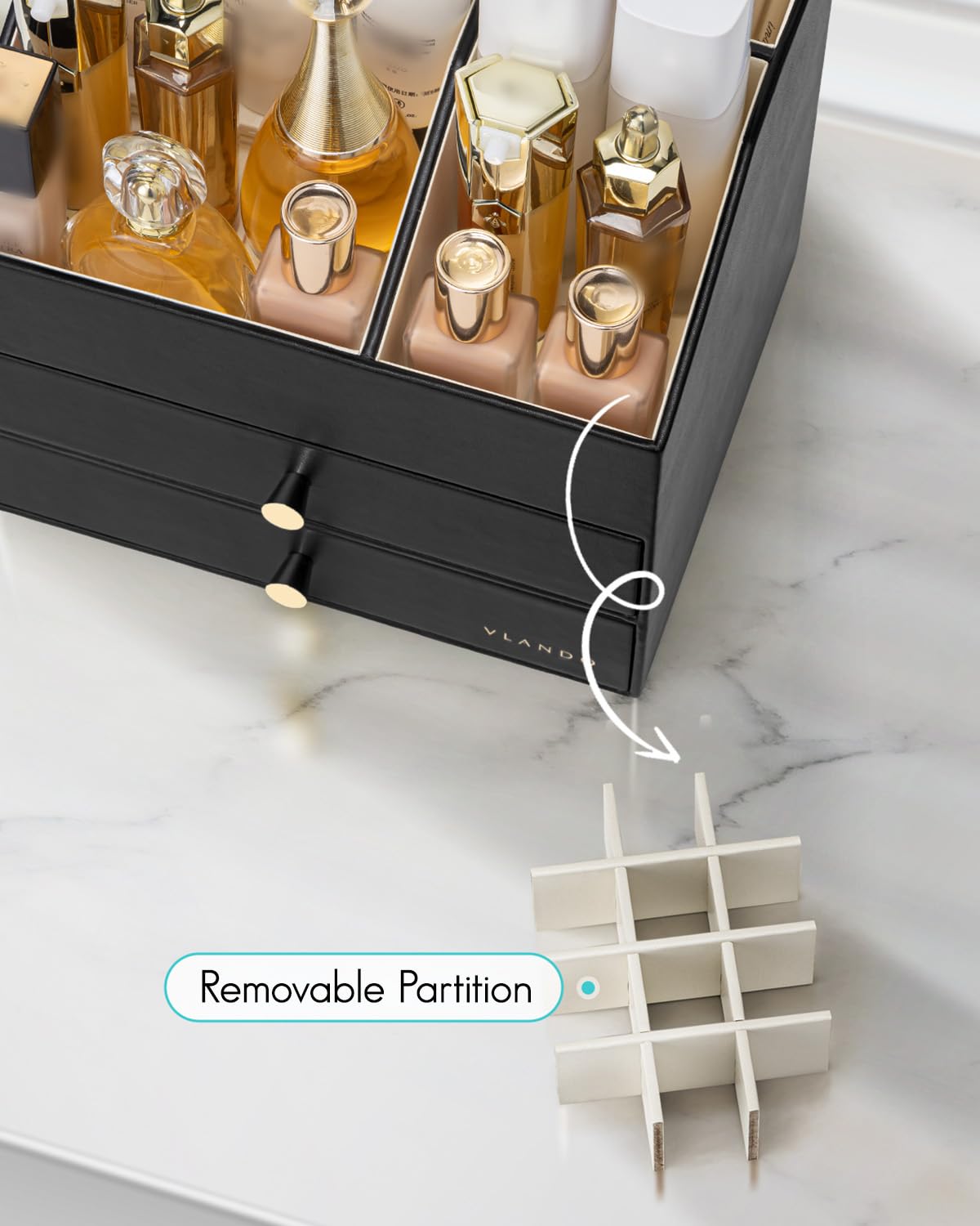 VLANDO Make-up-Organizer für Schminktisch, große Kapazität, Arbeitsplatten-Organizer mit Schubladen, PU-Leder, Kosmetik-Vitrine für Lippenstift, Pinsel, Hautpflege, Schlafzimmeraufbewahrung (schwarz)