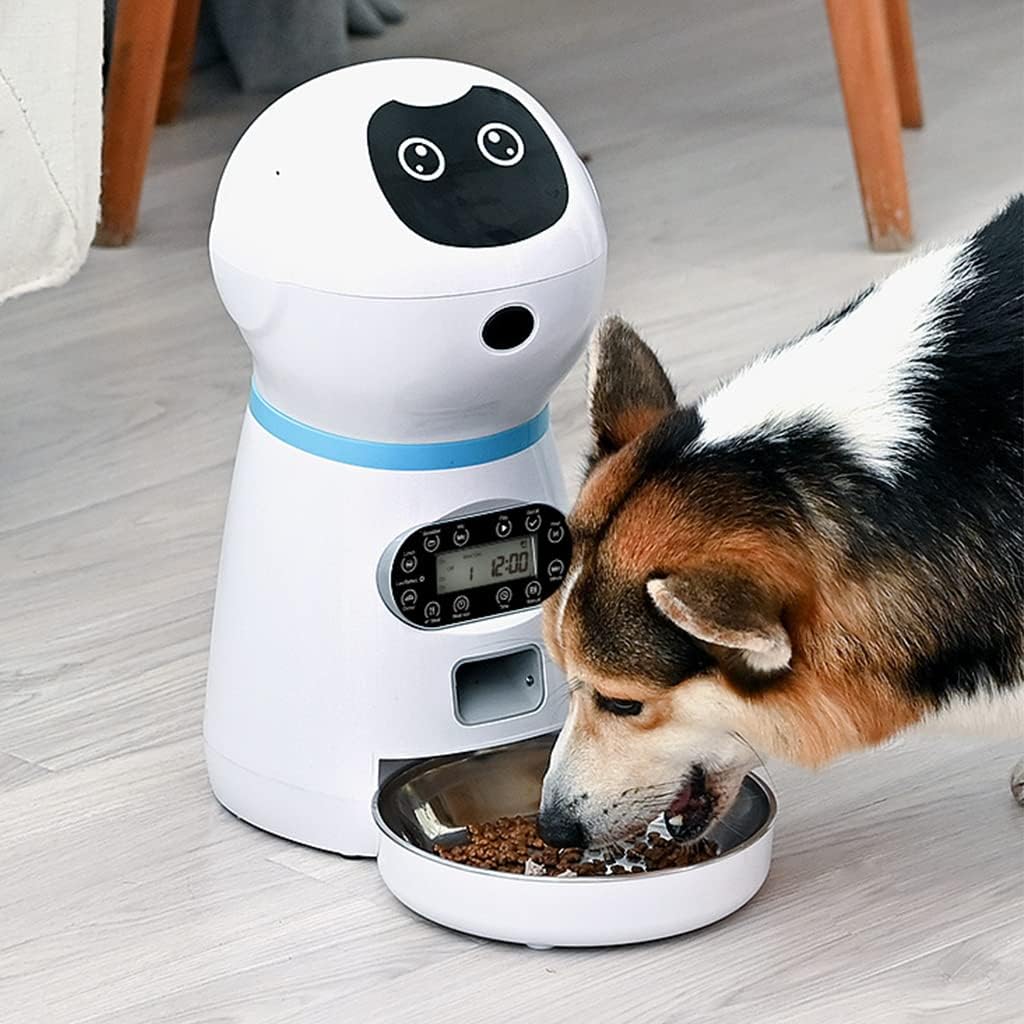 Cute Robot Auto Puppy Feeder with LCD Screen Timer Stainless Steel Bowl Power Prevent Stuck System Dry Dispenser Container