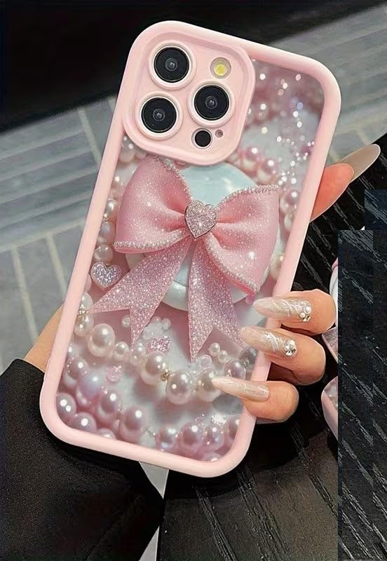 Image of COVERLY Cute Necklace Bowknot Back Case Cover for iPhone 12 Pro | Hot Pastel Pink Ribbon Bow Pearl Design | Camera Lens Protection | Soft Silicone Aesthetic Cover for Girls & Women (Pink, Shockproof)