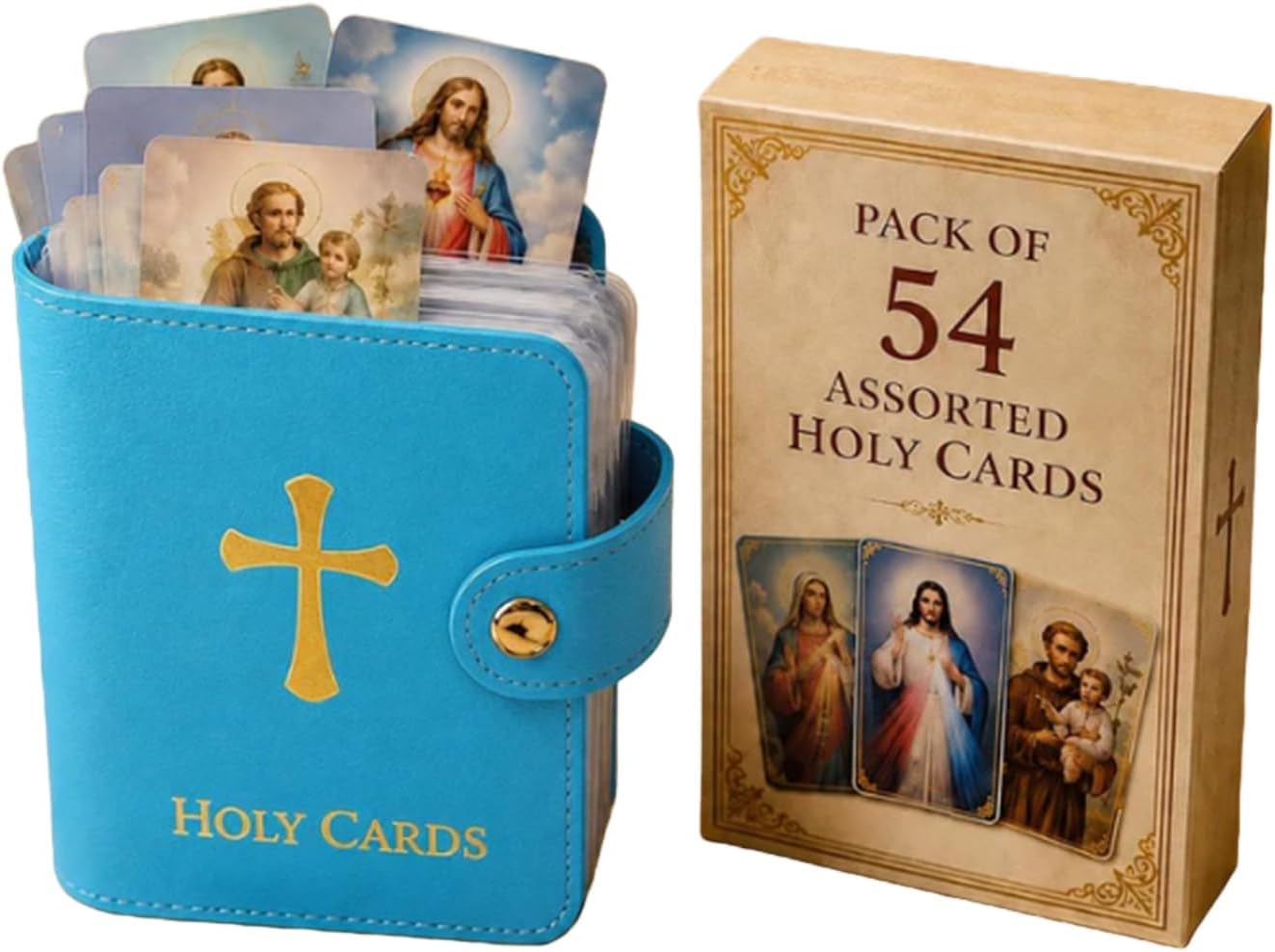 Catholic Prayer Card Set with Leather Holder,54 Catholic Prayers Cards with Pocket Holy Card Organizer,Snap Closure Devotional Cards Case for Mass,Daily Prayer & Religious Gifts (Blue)