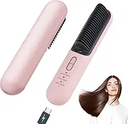 TANSHINE Escova Alisadora De Cabelo Sem Fio Para Viagem, Pente Alisador Pequeno Portátil Usb-C Mulheres, Mini Quente Recarregável, Ferramentas Modelagem Aquecidas Anti-Queimaduras, Rosa